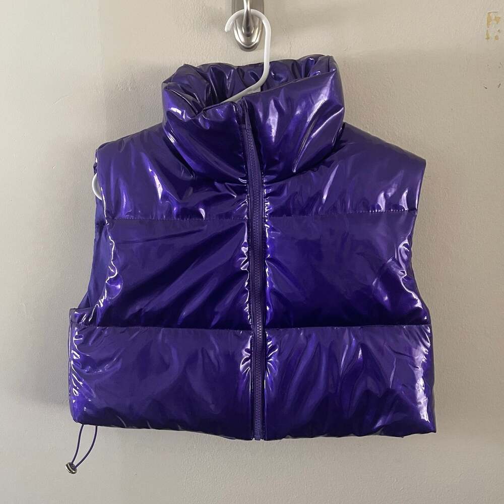 Daisy Womens Small S Purple Metallic Sheen Cropped Puffer Vest Zip Snap New